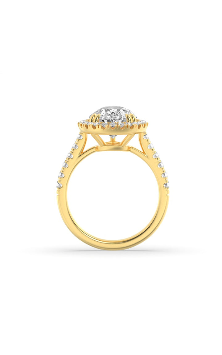 3Cttw Pear Shaped Lab Grown Diamond (F/VS) Bolld Accented Halo Engagement Ring in 14K Gold