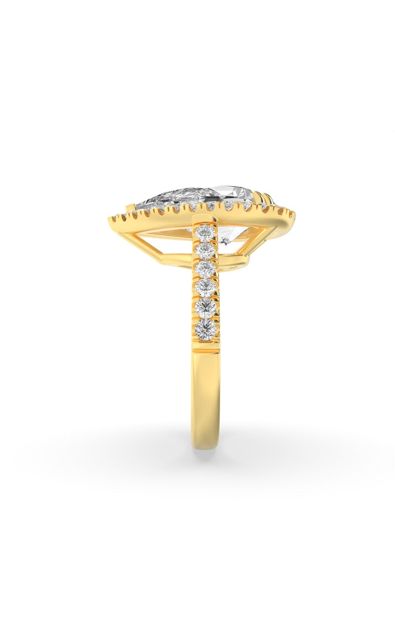 3Cttw Pear Shaped Lab Grown Diamond (F/VS) Bolld Accented Halo Engagement Ring in 14K Gold