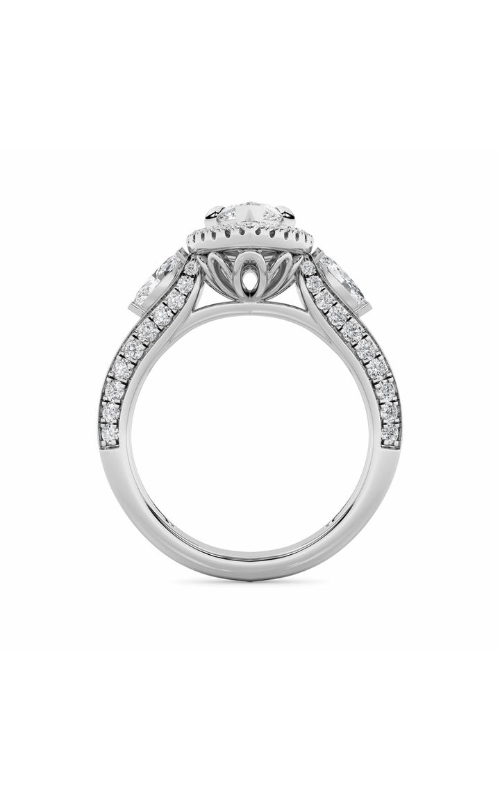 3Cttw Marquise Shaped Lab Grown Diamond (F/VS) Three Stone Halo Enagement Ring in 14K Gold
