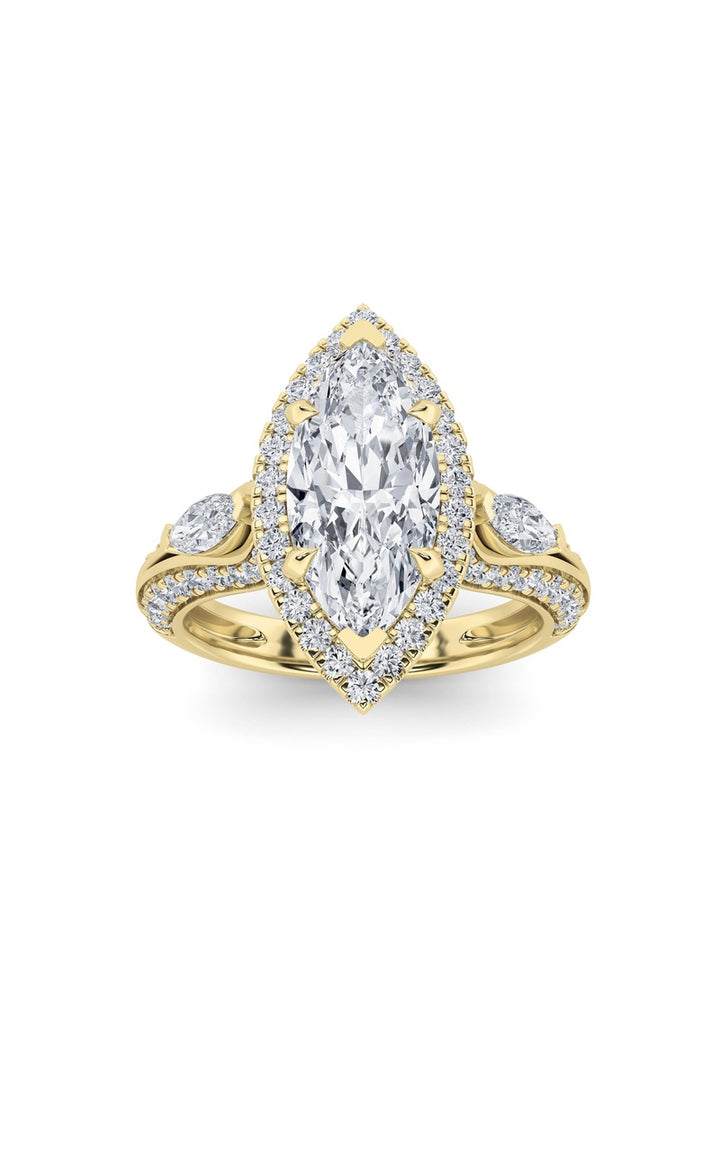 3Cttw Marquise Shaped Lab Grown Diamond (F/VS) Three Stone Halo Enagement Ring in 14K Gold