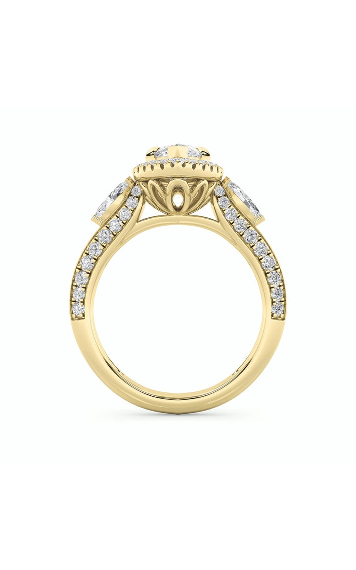 3Cttw Marquise Shaped Lab Grown Diamond (F/VS) Three Stone Halo Enagement Ring in 14K Gold