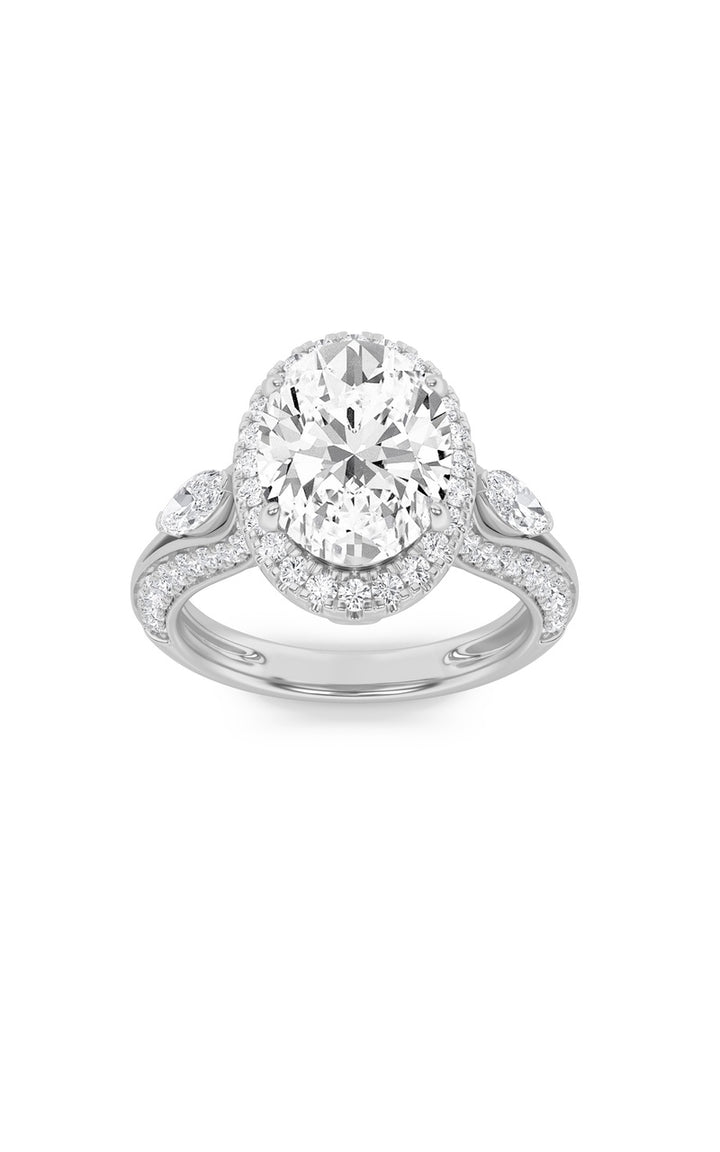 3Cttw Oval Shaped Lab Grown Diamond (F/VS) Three Stone Halo Enagement Ring in 14K Gold