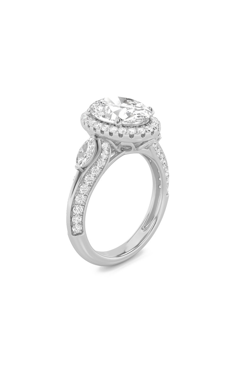 3Cttw Oval Shaped Lab Grown Diamond (F/VS) Three Stone Halo Enagement Ring in 14K Gold
