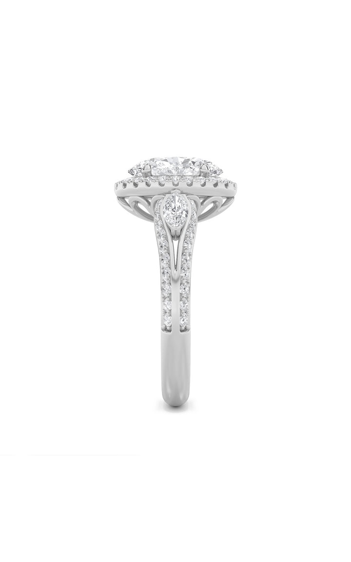 3Cttw Oval Shaped Lab Grown Diamond (F/VS) Three Stone Halo Enagement Ring in 14K Gold