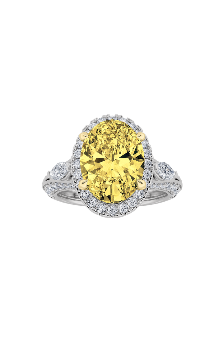 3Cttw Oval Shaped Lab Grown Diamond (F/VS) Three Stone Halo Enagement Ring in 14K Gold