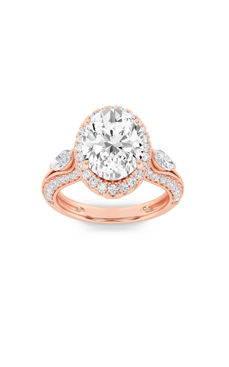 3Cttw Oval Shaped Lab Grown Diamond (F/VS) Three Stone Halo Enagement Ring in 14K Gold