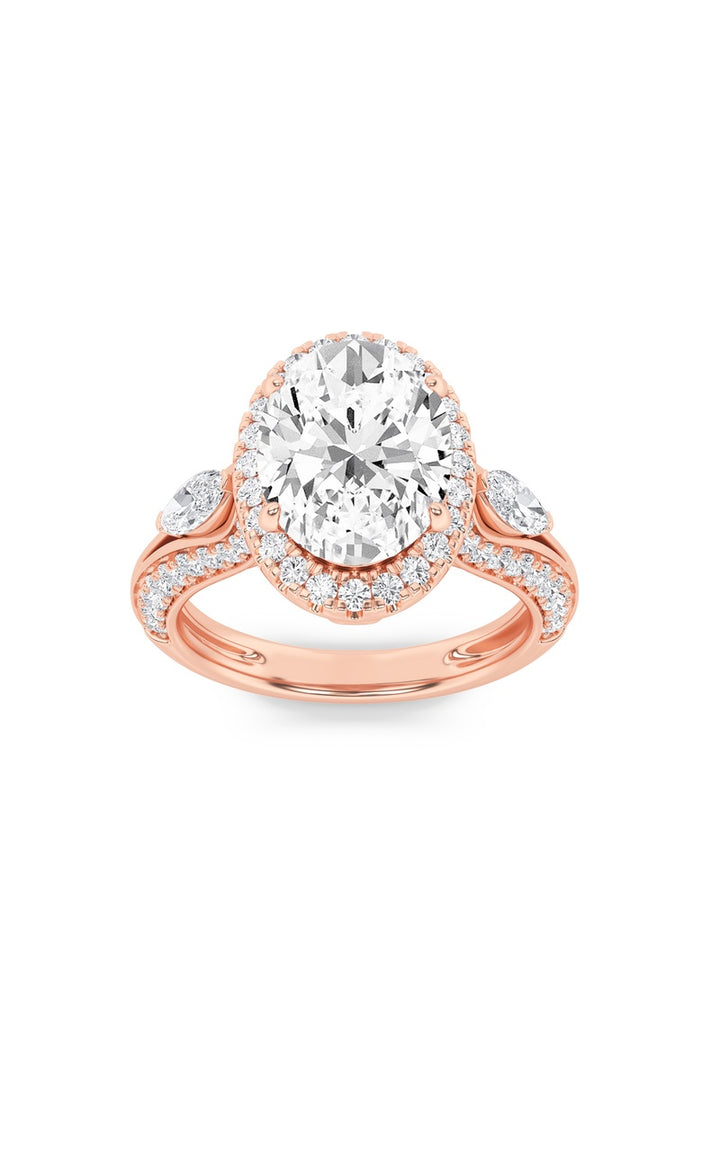 3Cttw Oval Shaped Lab Grown Diamond (F/VS) Three Stone Halo Enagement Ring in 14K Gold