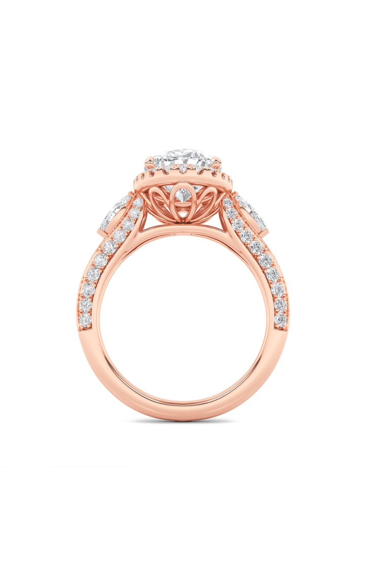 3Cttw Oval Shaped Lab Grown Diamond (F/VS) Three Stone Halo Enagement Ring in 14K Gold