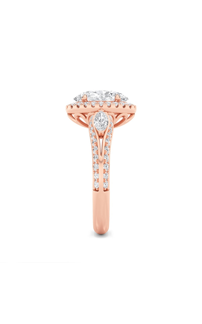 3Cttw Oval Shaped Lab Grown Diamond (F/VS) Three Stone Halo Enagement Ring in 14K Gold