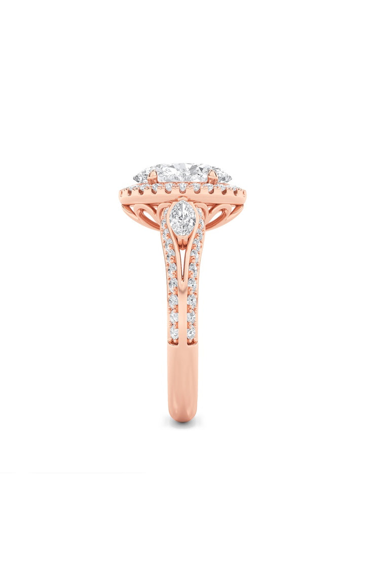 3Cttw Oval Shaped Lab Grown Diamond (F/VS) Three Stone Halo Enagement Ring in 14K Gold
