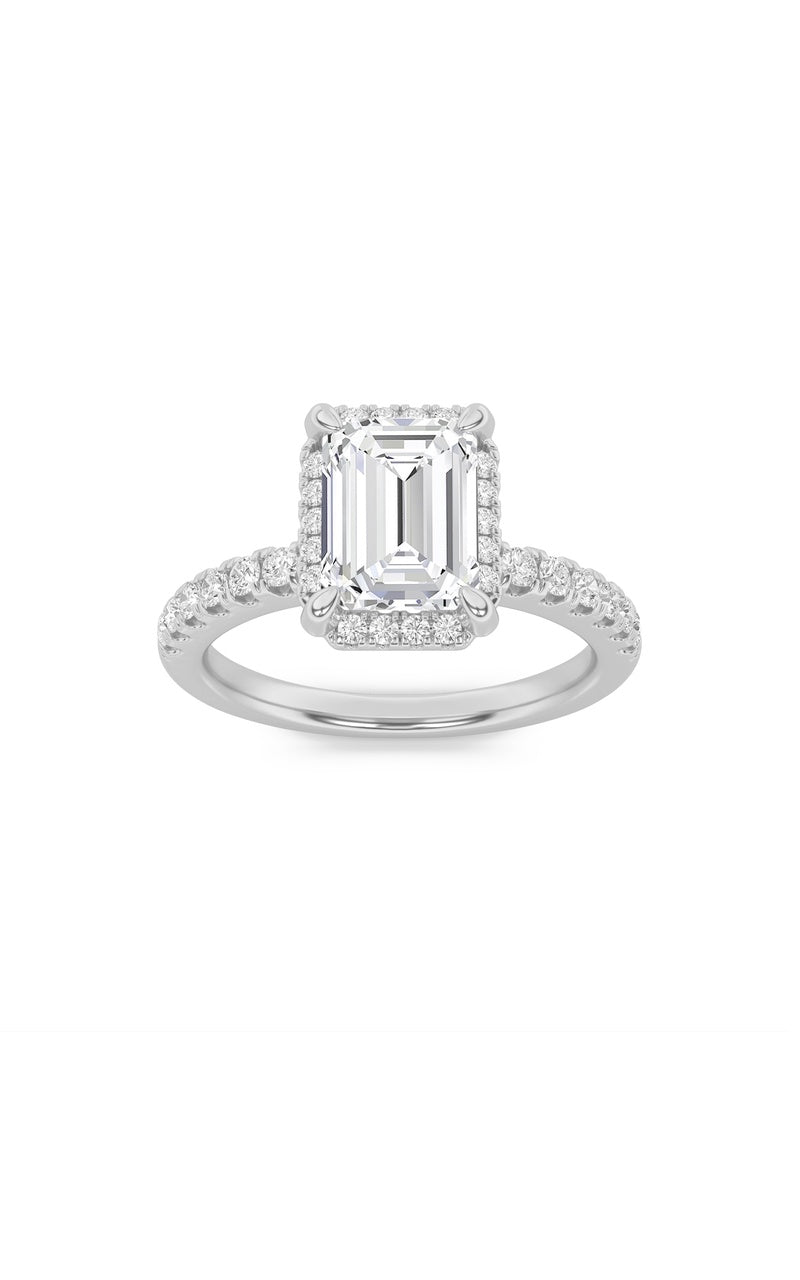 2Cttw Emerald Shaped Lab Grown Diamond (F/VS) Halo Accented Engagement Ring in 14K Gold