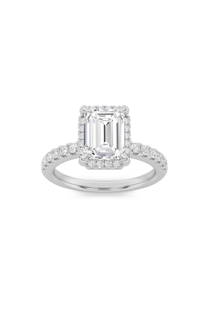 2Cttw Emerald Shaped Lab Grown Diamond (F/VS) Halo Accented Engagement Ring in 14K Gold