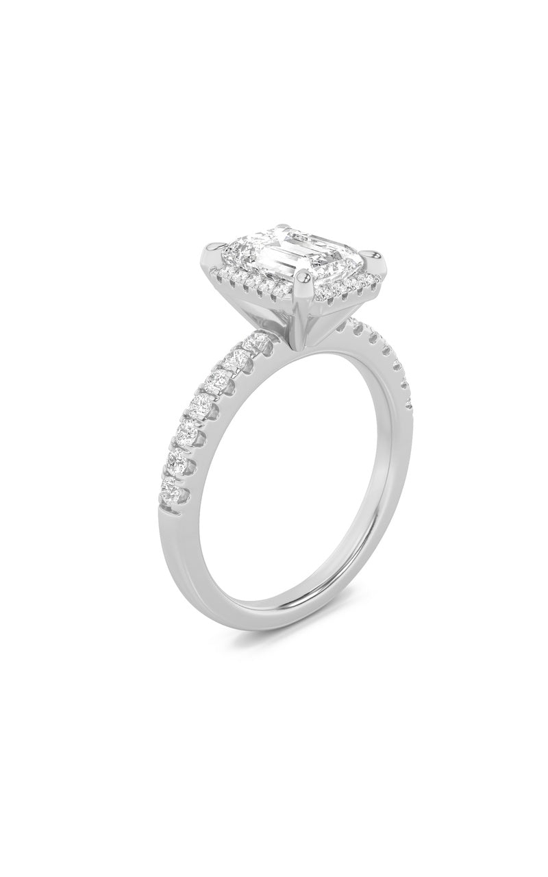2Cttw Emerald Shaped Lab Grown Diamond (F/VS) Halo Accented Engagement Ring in 14K Gold