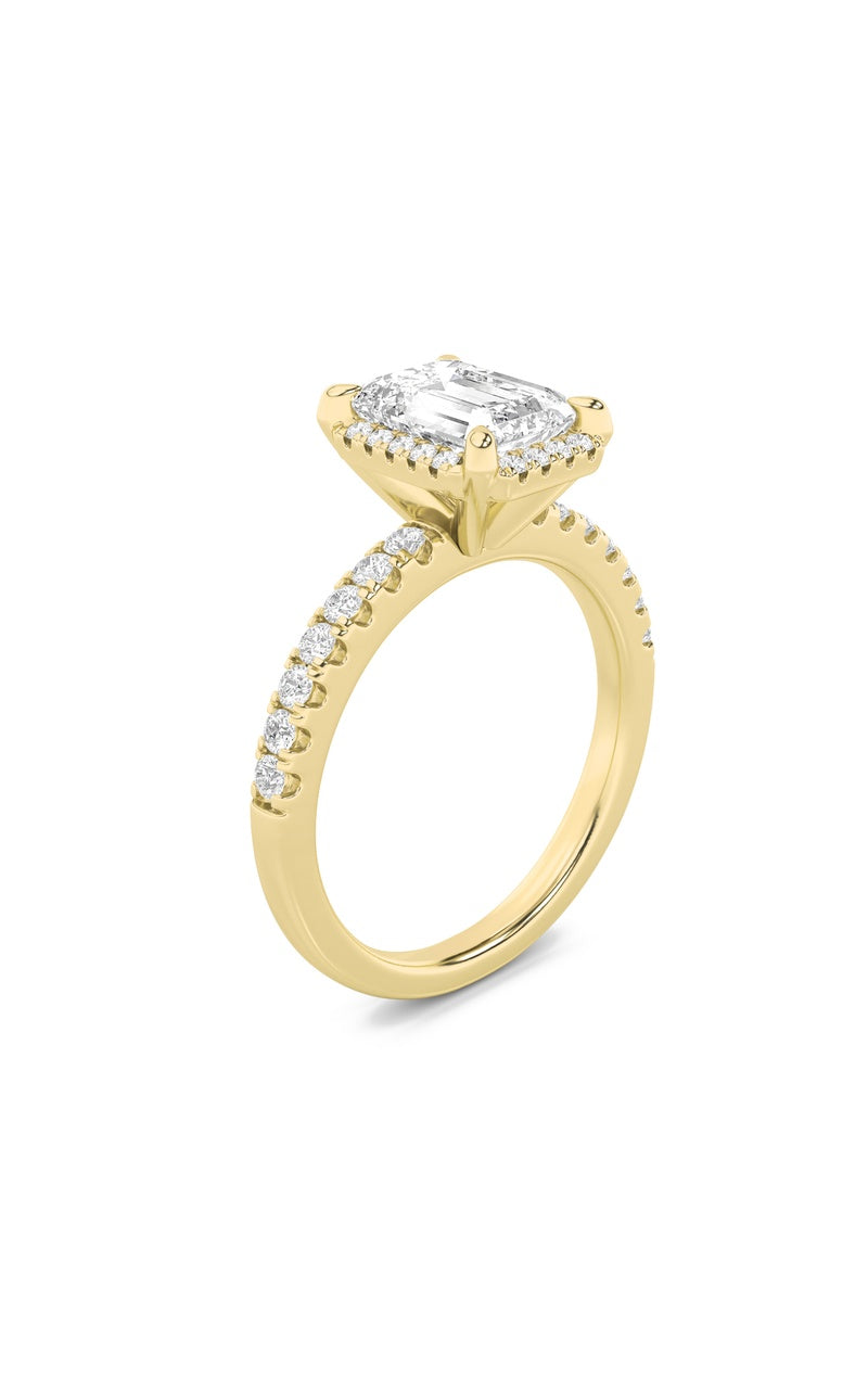 2Cttw Emerald Shaped Lab Grown Diamond (F/VS) Halo Accented Engagement Ring in 14K Gold
