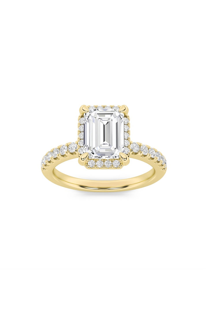 2Cttw Emerald Shaped Lab Grown Diamond (F/VS) Halo Accented Engagement Ring in 14K Gold
