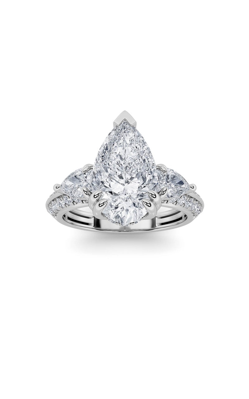 3.5CTW Pear Shaped Lab Grown Diamond (G/VS) Three Stone Accented Engagement Ring in 14K Gold