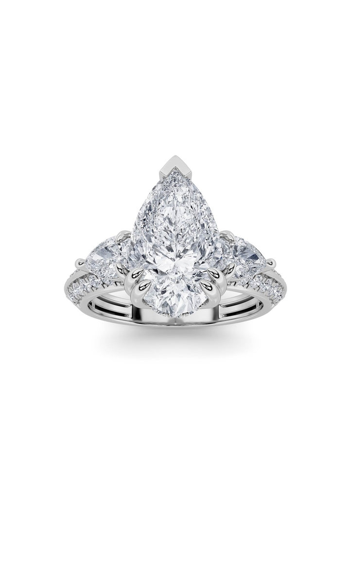 3.5CTW Pear Shaped Lab Grown Diamond (G/VS) Three Stone Accented Engagement Ring in 14K Gold
