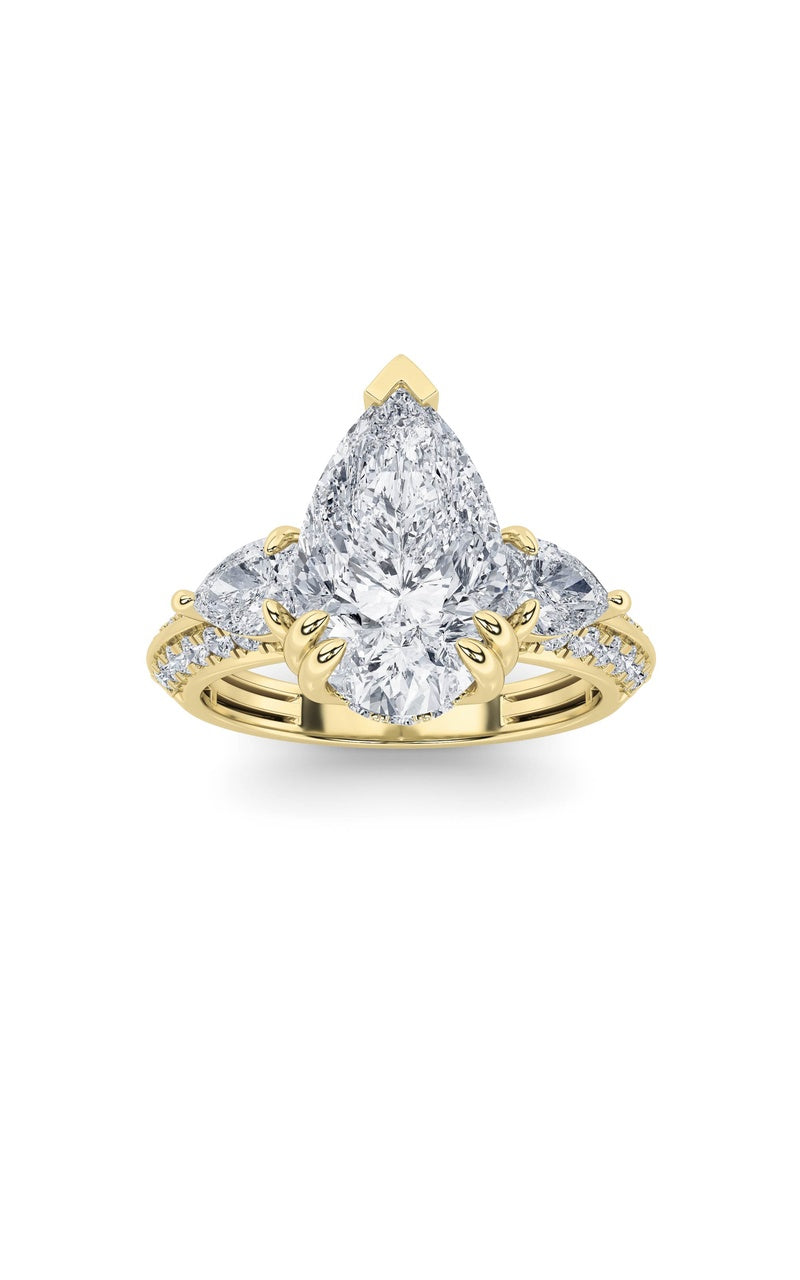 3.5Cttw Pear Shaped Lab Grown Diamond (G/VS) Three Stone Accented Engagement Ring in 14K Gold