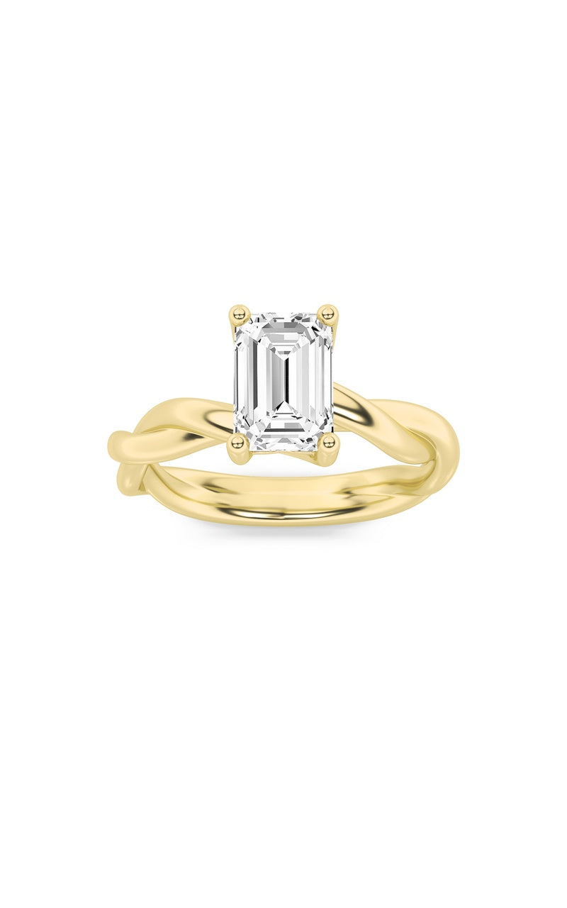 1Cttw Emerald Shaped Lab Grown Diamond (F/VS) Twisted Shank Solitaire Engagement Ring in 14K Gold