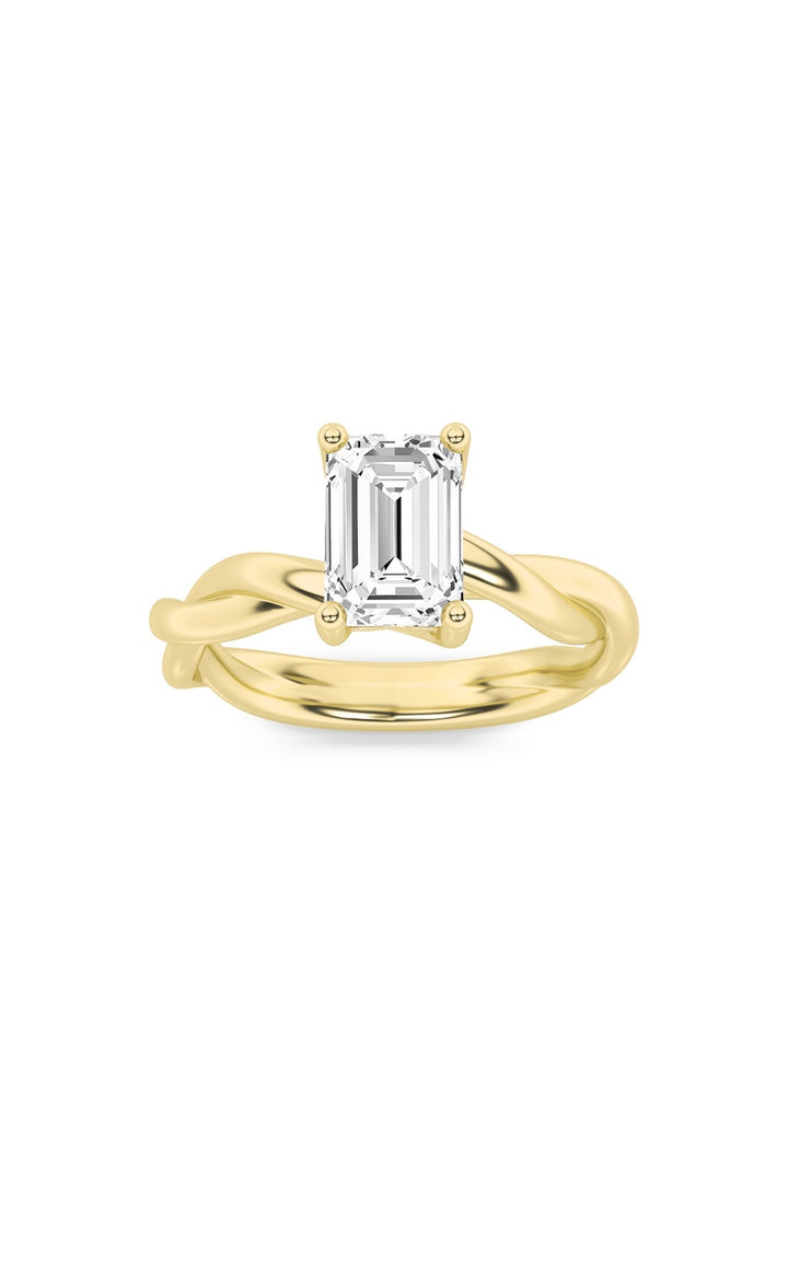 1Cttw Emerald Shaped Lab Grown Diamond (F/VS) Twisted Shank Solitaire Engagement Ring in 14K Gold
