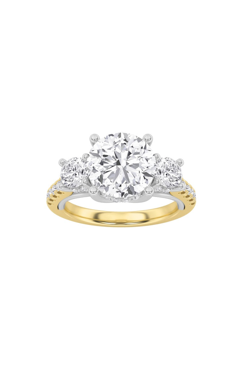 3Cttw Round Shaped Lab Grown Diamond (F/VS) Accented Three Stone Ring in 14K Gold