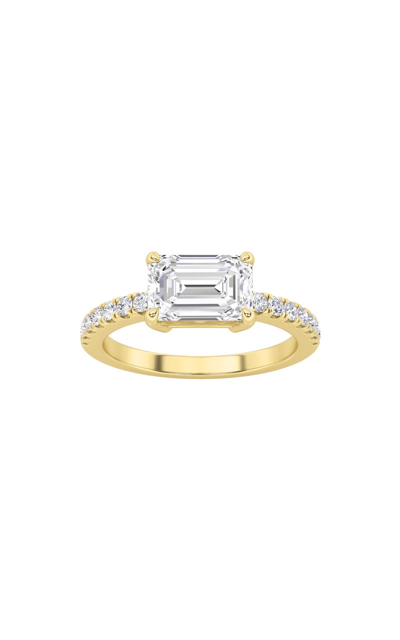 1.5Cttw Emerald Shaped Lab Grown Diamond (F/VS) East West Accented Ring in 14K Gold
