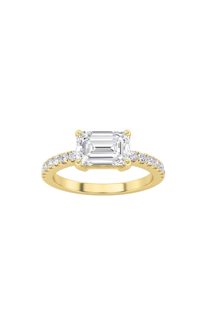 1.5Cttw Emerald Shaped Lab Grown Diamond (F/VS) East West Accented Ring in 14K Gold