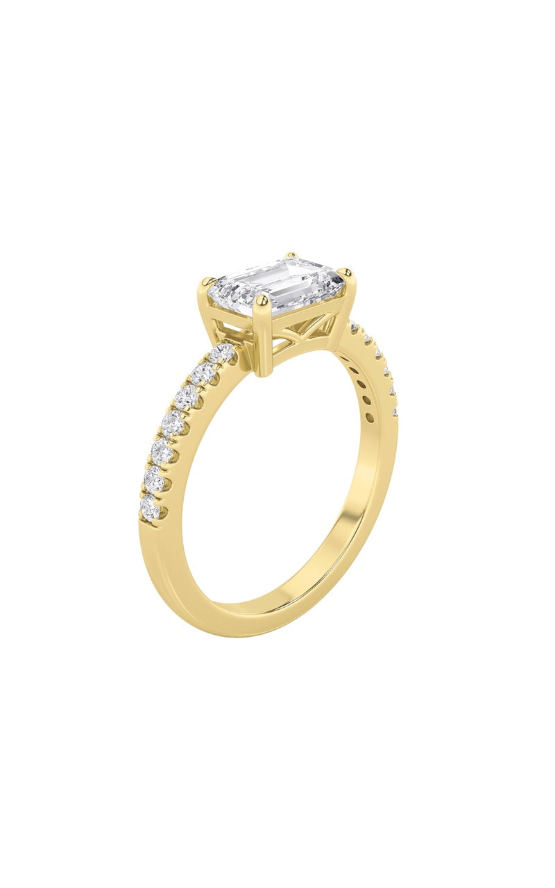 1.5Cttw Emerald Shaped Lab Grown Diamond (F/VS) East West Accented Ring in 14K Gold