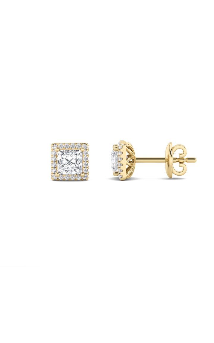 2Cttw Princess Shaped Lab Grown Diamond (F/VS) Halo Stud Earrings in 14K Gold