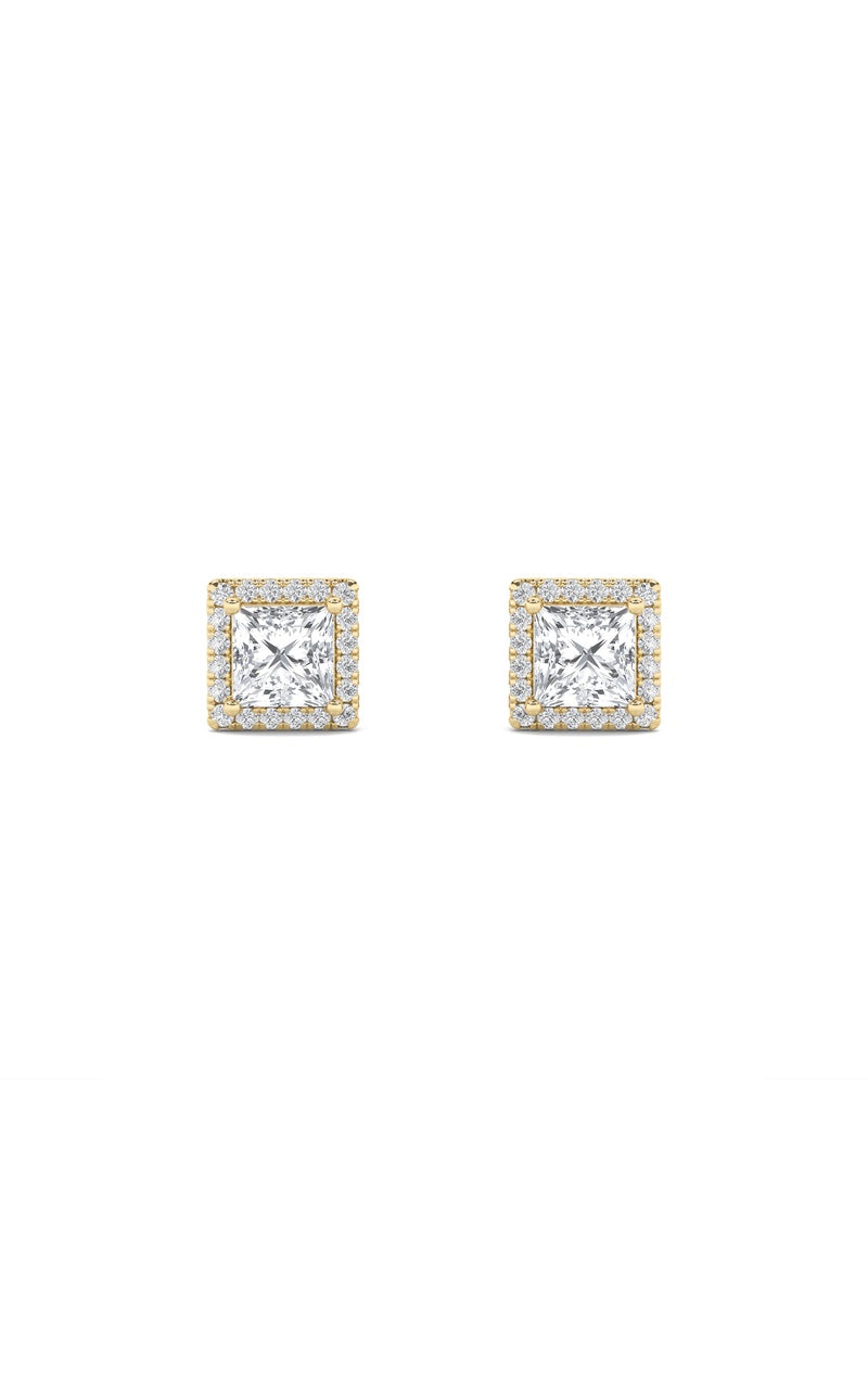 2Cttw Princess Shaped Lab Grown Diamond (F/VS) Halo Stud Earrings in 14K Gold