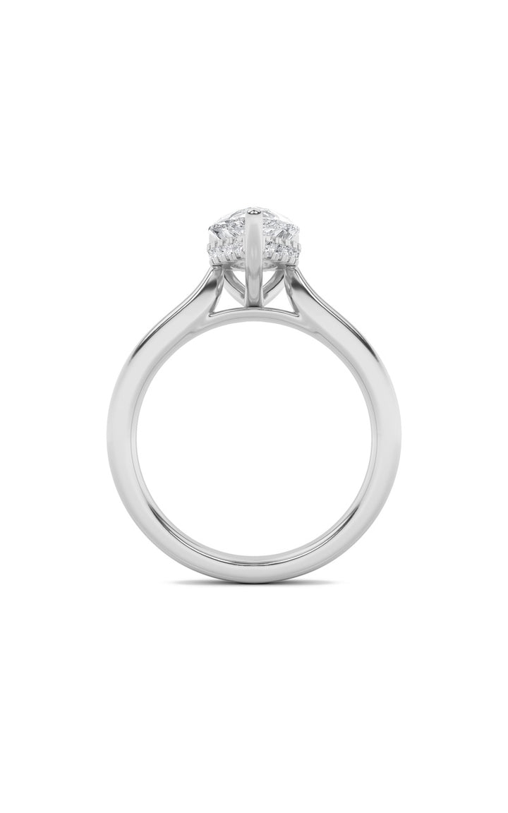 2CTW Pear Shaped Lab Grown Diamond (F/VS) Hidden Halo Cathedral Shank Engagement Ring in 14K Gold
