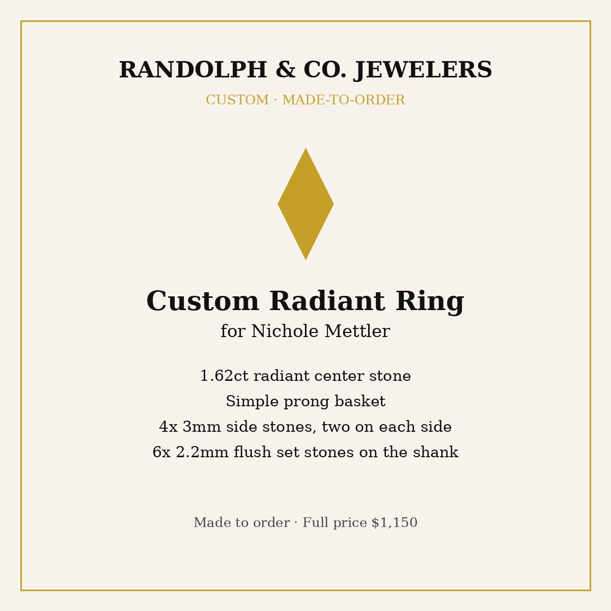 Custom radiant ring for Nichole Mettler