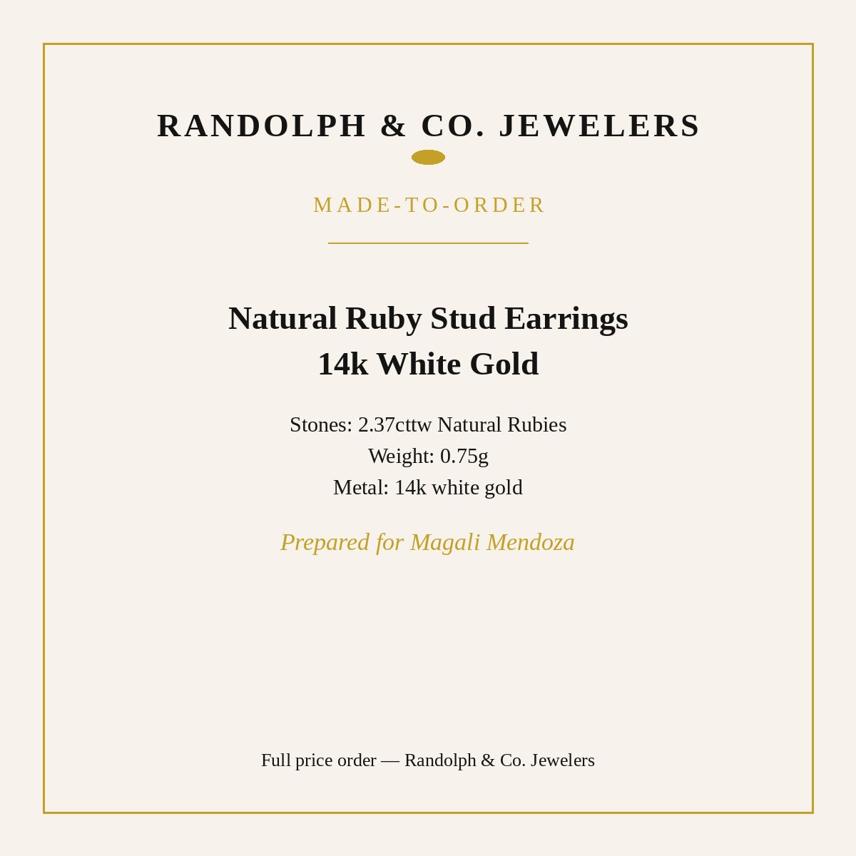 Natural ruby stud earrings, 2.37cttw, 14k white gold, prepared for Magali Mendoza
