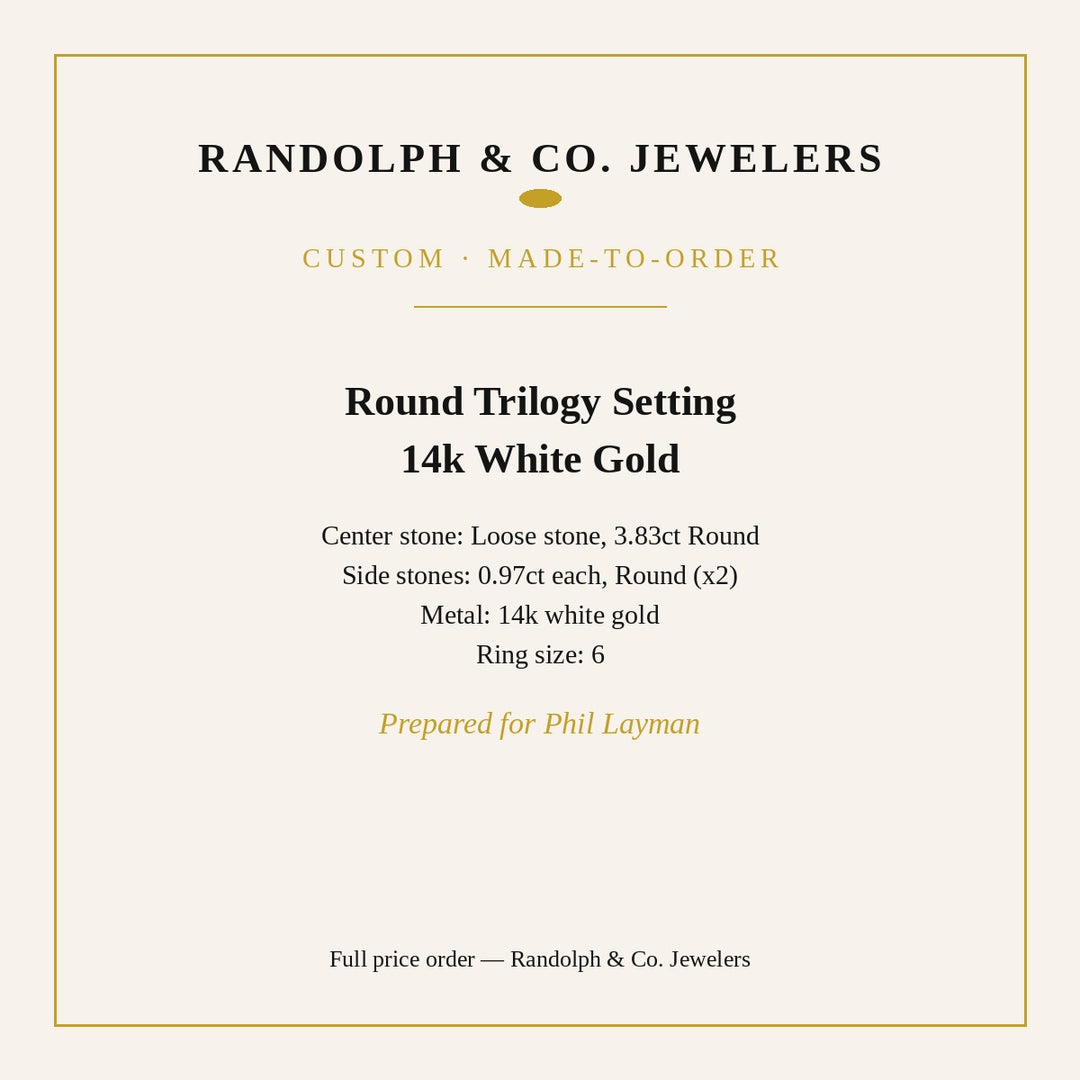 Custom round trilogy setting, 3.83ct center with 0.97ct round side stones, 14k white gold, size 6, prepared for Phil Layman