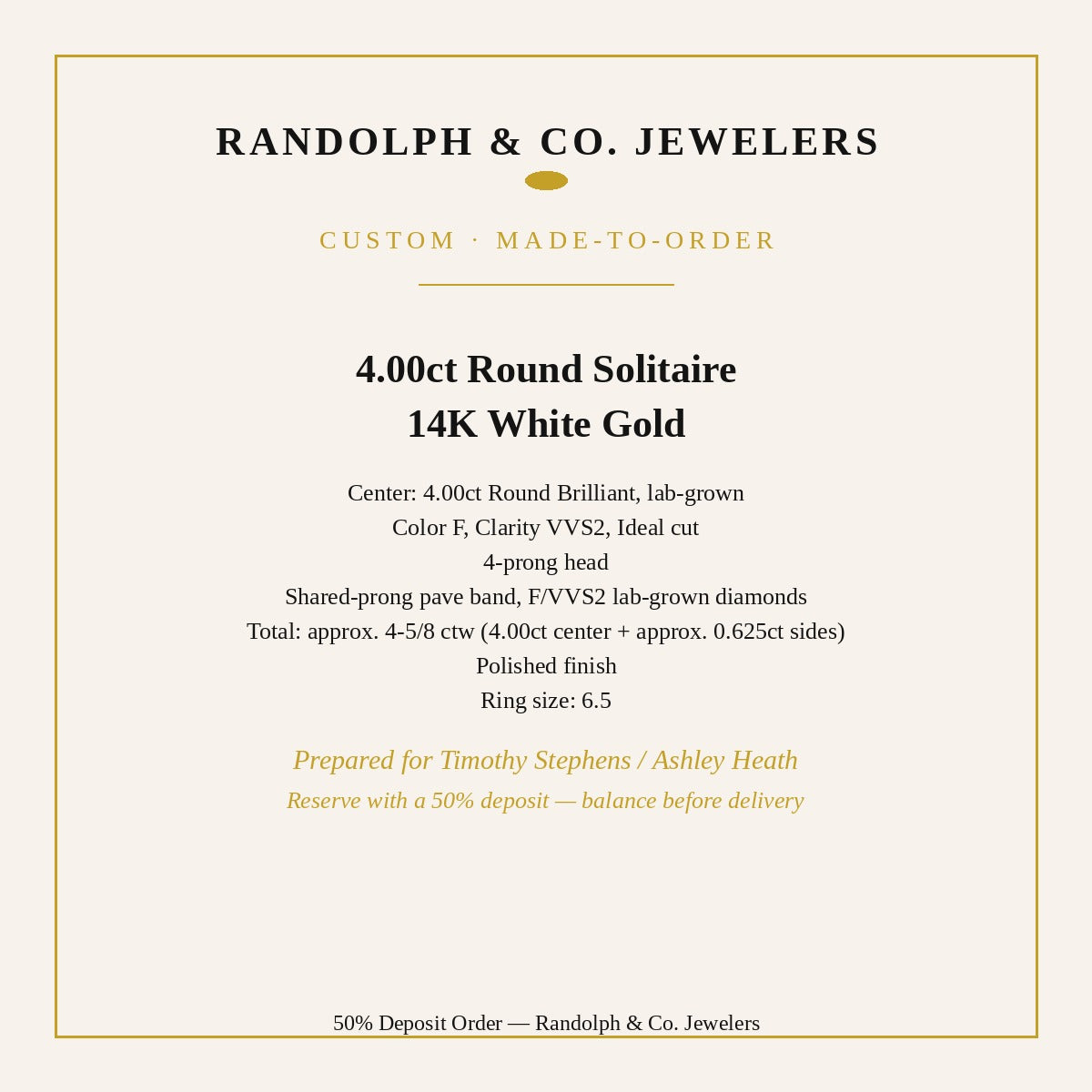 Custom 4.00ct round solitaire, 14K white gold, size 6.5, prepared for Timothy Stephens / Ashley Heath